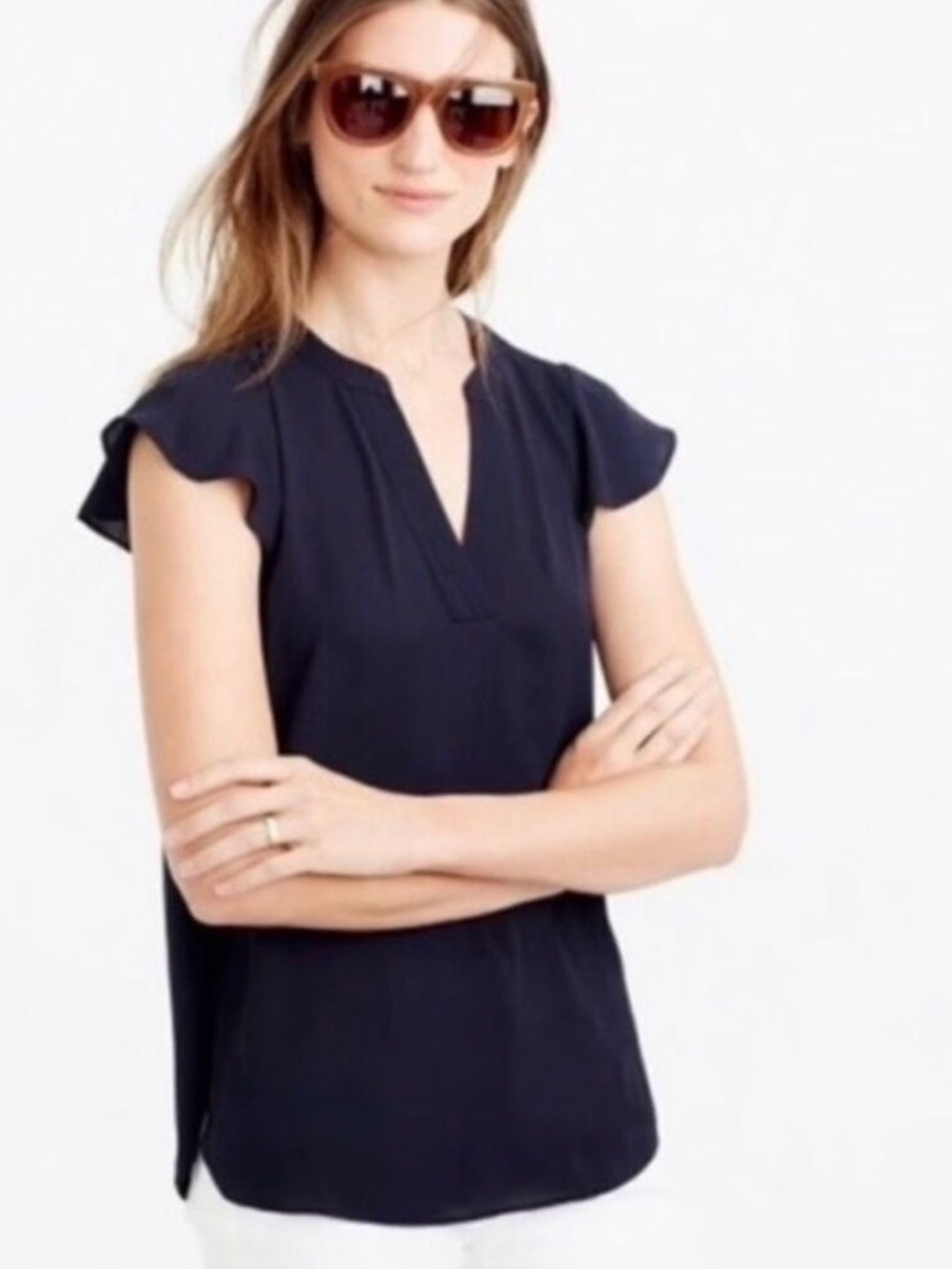 J. Crew Women's Navy Flutter Sleeve Split-Neck Top